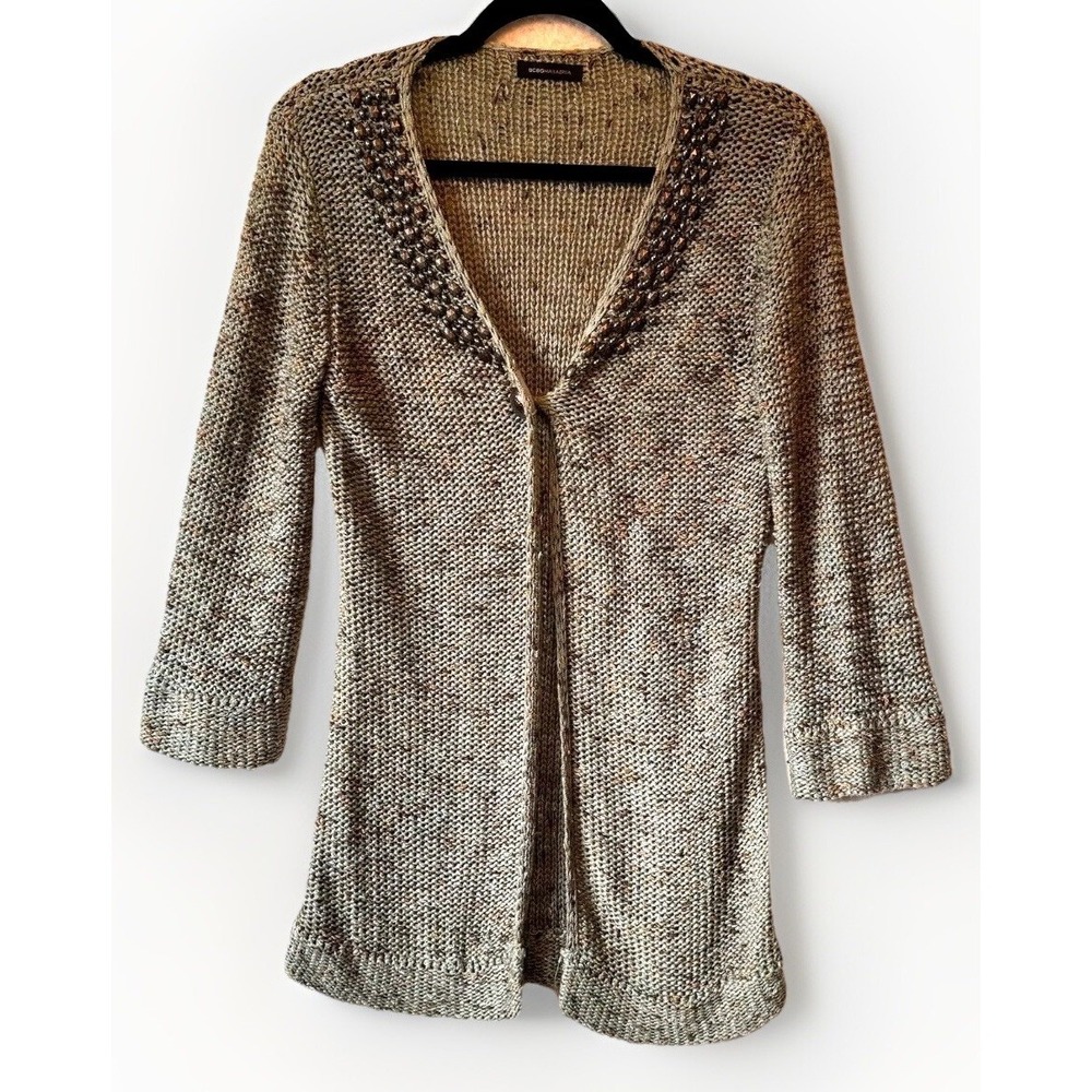 BCBGMAXAZRIA Cardigan Women Medium Sage Green Beaded Studded Knit Boho Chic